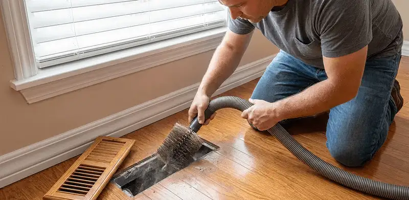 Air duct cleaning technician vacuuming a floor vent and duct opening in Shreveport, LA