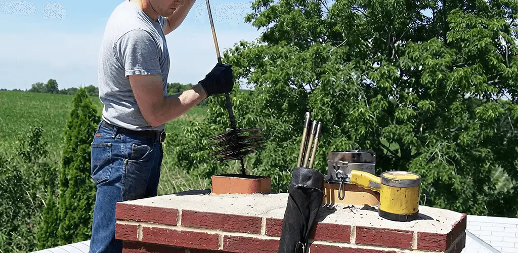 Chimney cleaning technician working on a rooftop chimney with professional tools in Shreveport, LA