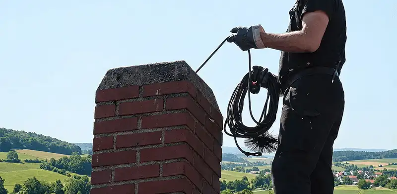 Chimney sweep inspecting and cleaning a rooftop chimney in Shreveport, LA