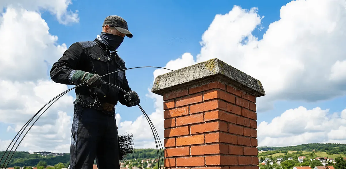 Chimney sweep cleaning a brick chimney with professional tools in Shreveport, LA