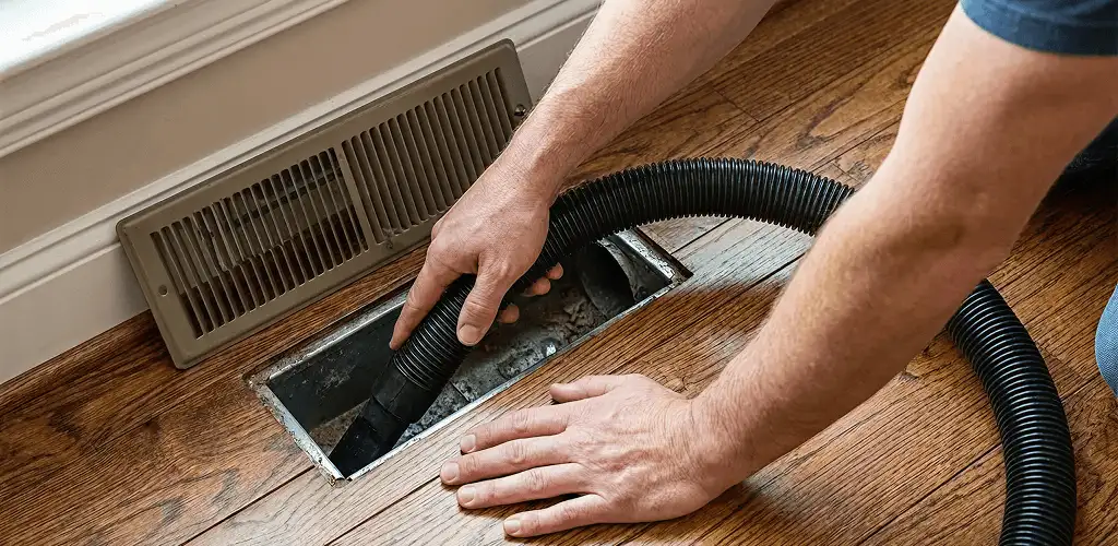 Air duct cleaning technician vacuuming a floor register and duct opening in Shreveport, LA