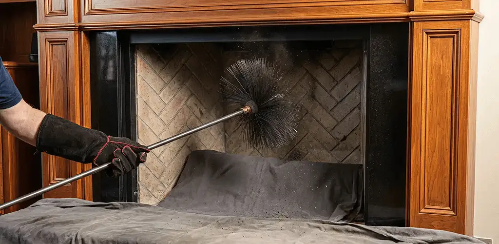 Chimney cleaning service brushing soot from a fireplace and flue in Shreveport, LA
