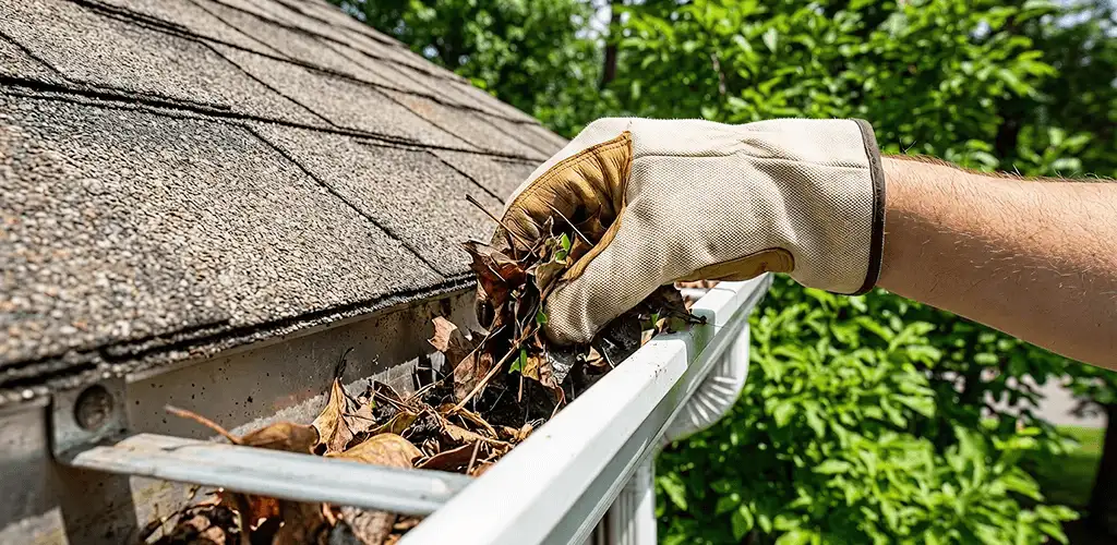 Gutter cleaning removing leaves and debris from roof gutters in Shreveport, LA