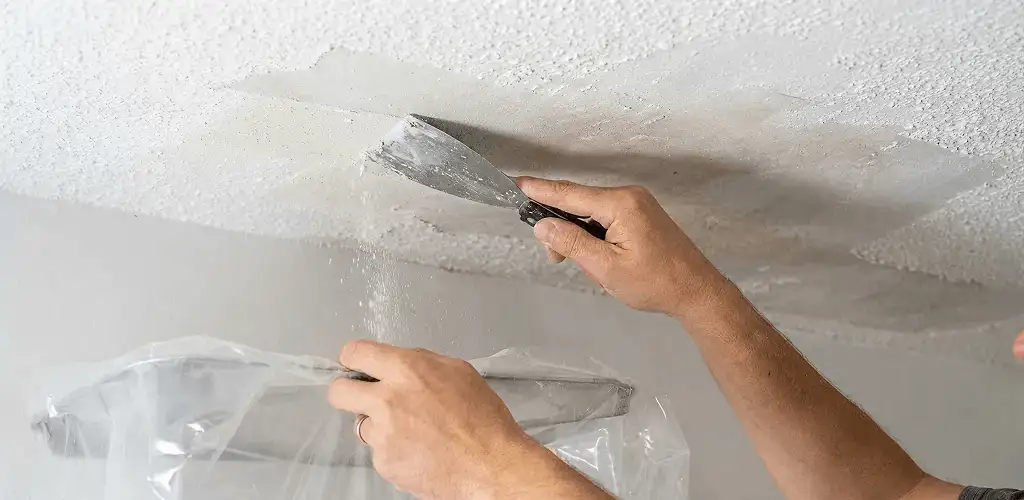 Popcorn ceiling removal technician scraping texture from a ceiling in Shreveport, LA