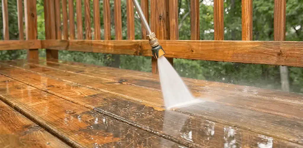 Pressure washing a wood deck to remove dirt and buildup in Shreveport, LA