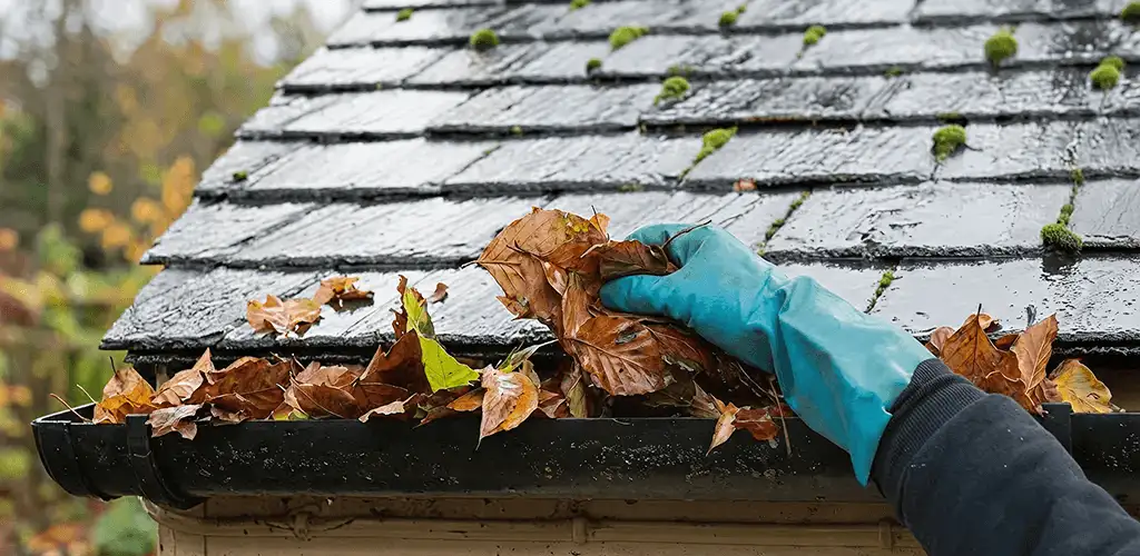 Gutter cleaning technician clearing wet leaves from roof gutters in Shreveport, LA