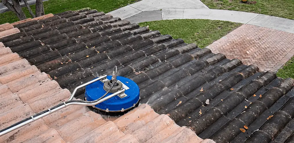 Roof pressure cleaning removing debris and buildup from roof tiles in Shreveport, LA