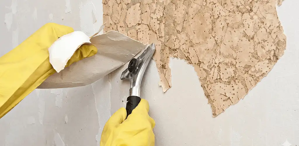Wallpaper removal service stripping old wallpaper from a wall in Shreveport, LA