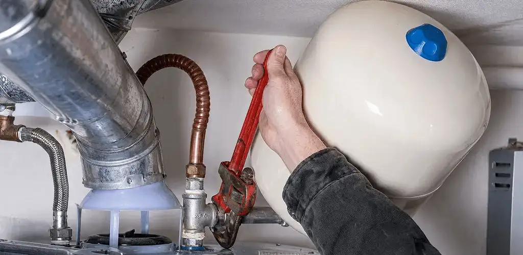 Water heater repair technician tightening plumbing connections near a tank unit in Shreveport, LA